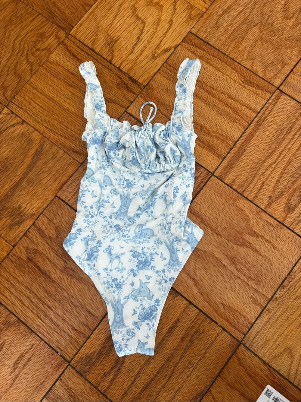 Frankie's Bikinis White and Light Blue Toile One-Piece Swimsuit